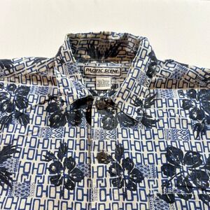 Pacific Scene Hawaiian Shirt Mens Large Blue White Hibiscus Cotton Button Down